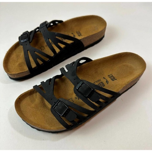 Birkenstock Granada Black Slides Two Strap Sandals Size 38 US 7 M5 EUC - Picture 6 of 9